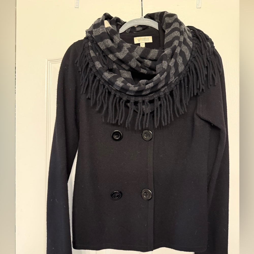 Kinross Cashmere Black and Grey Fringed Infinity Scarf - Picture 1 of 13
